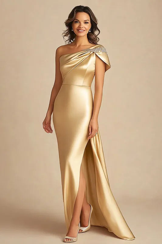 Gold One Shoulder Satin Sheath Long Mother Of Bride Dress sold by Zapaka