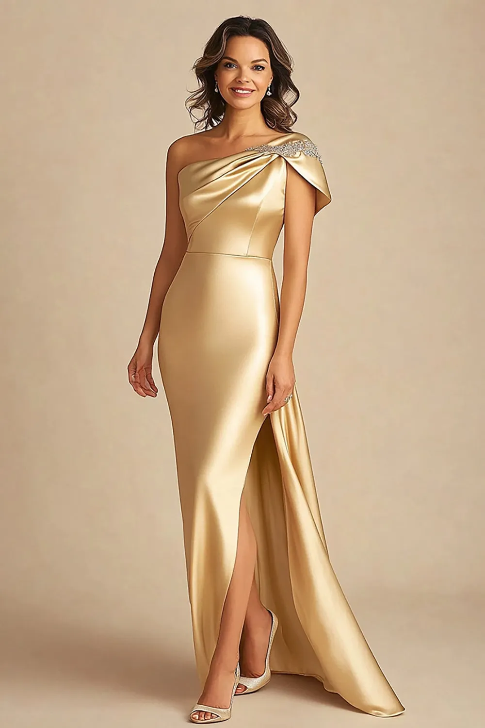 Gold One Shoulder Satin Sheath Long Mother Of Bride Dress sold by Zapaka