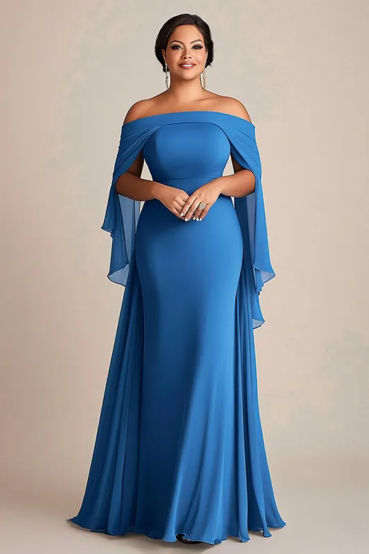 Off The Shoulder Blue Sheath Chiffon Plus Size Mother of the Bride Dress sold by Zapaka