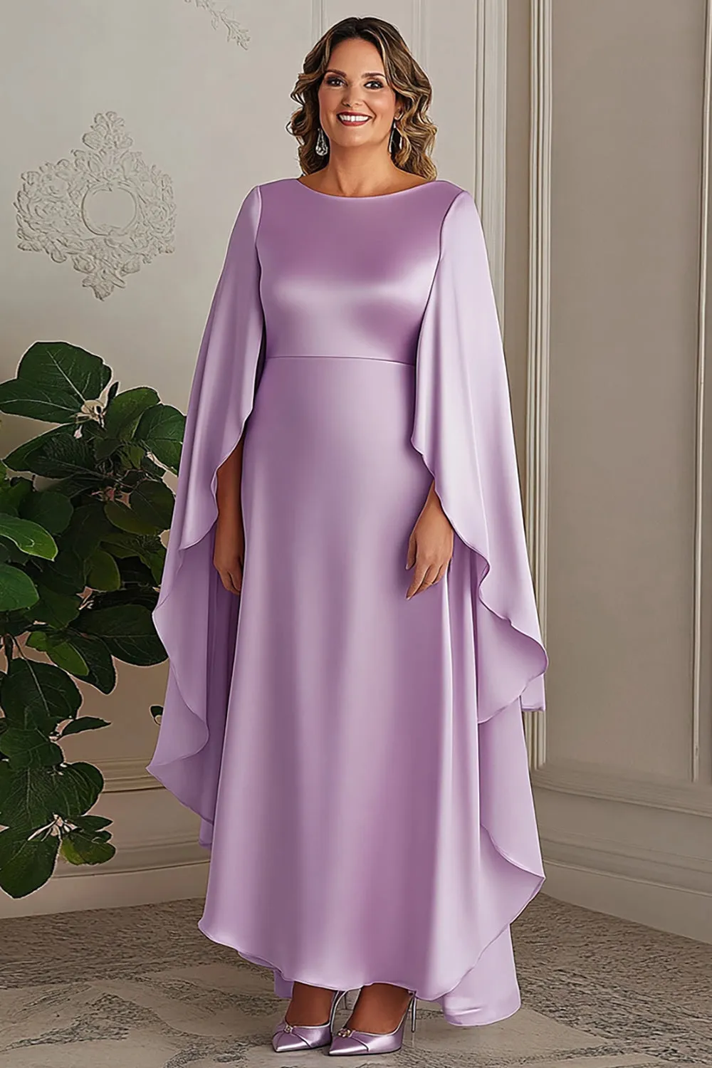 Lilac Cape Ruffles Satin Plus Size Mother of the Bride Dress sold by Zapaka