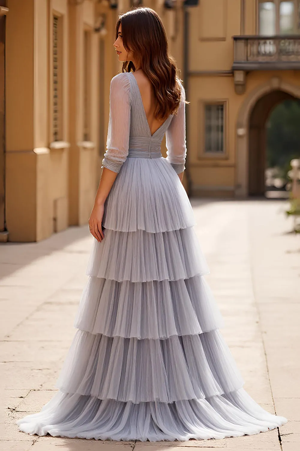 Grey Tulle A Line Long Sleeves Tiered Long Prom Dress sold by Zapaka product image thumbnail 2