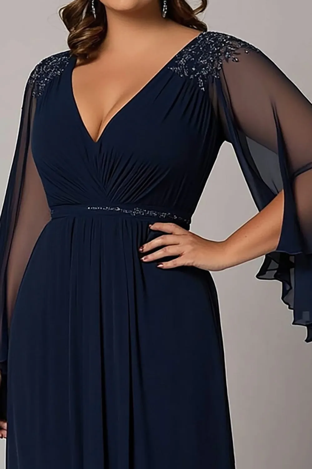 Navy A Line V-Neck Chiffon Lace Plus Size Mother of the Bride Dress sold by Zapaka product image thumbnail 2