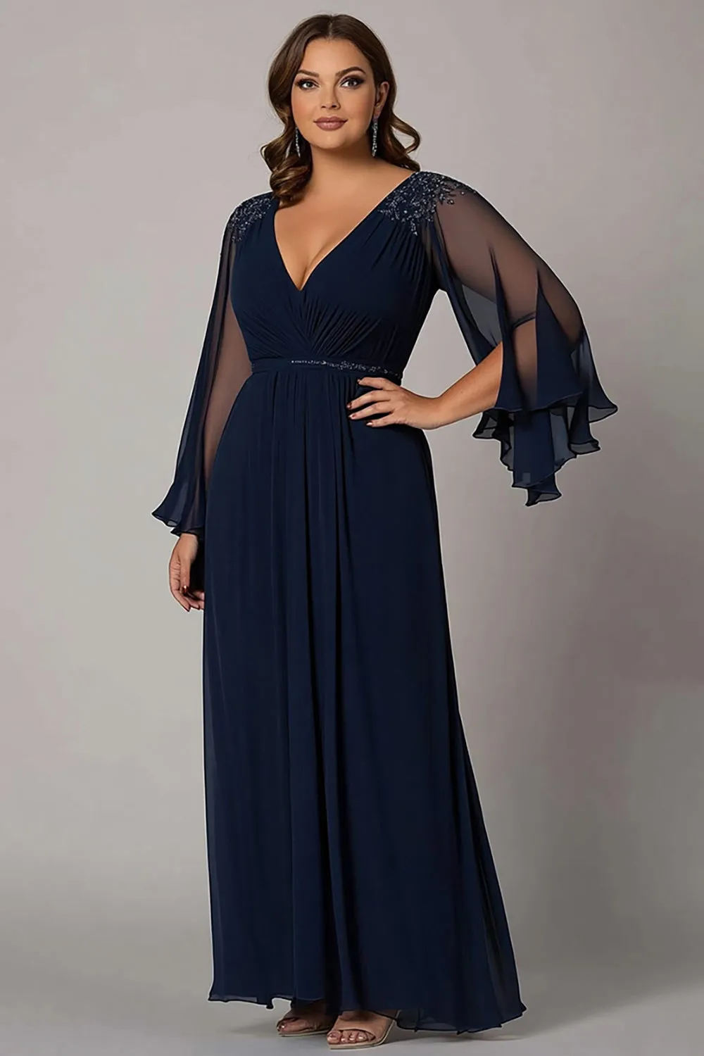 Navy A Line V-Neck Chiffon Lace Plus Size Mother of the Bride Dress sold by Zapaka