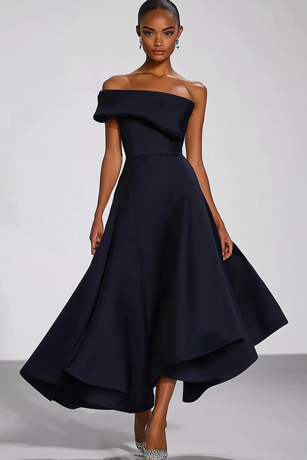 One Shoulder Navy Satin Formal Dress sold by Zapaka