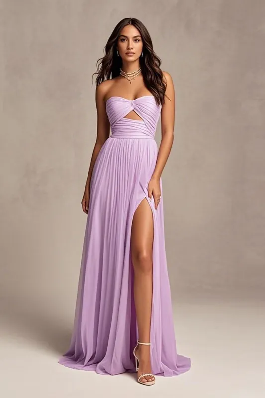 Lavender A-Line Strapless Pleated Floor-Length Prom Dress With Slit sold by Zapaka