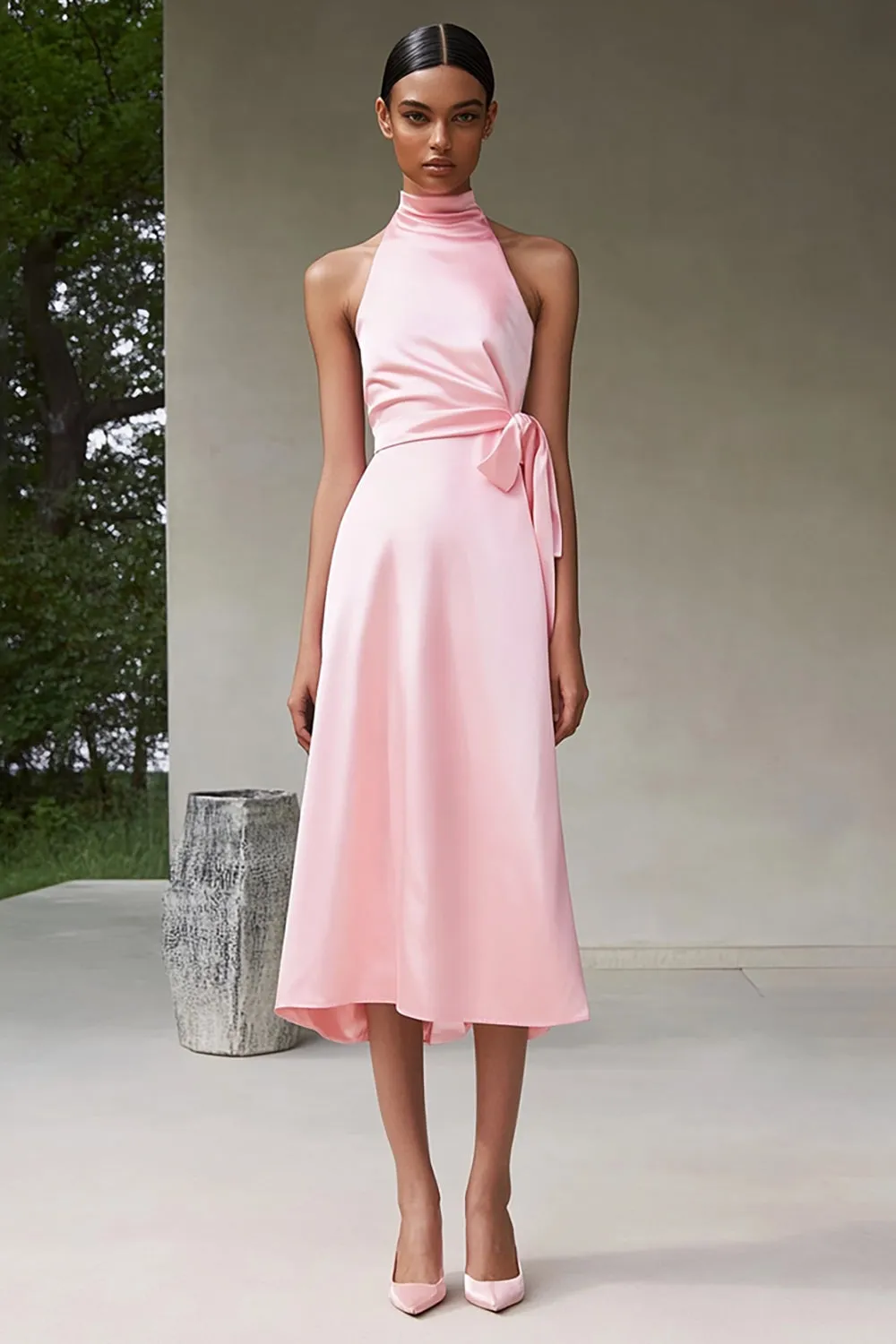 Pink A Line Halter Tea Length Satin Formal Dress sold by Zapaka