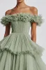 Dusty Sage Off The Shoulder A Line Ruffles Prom Dress sold by Zapaka