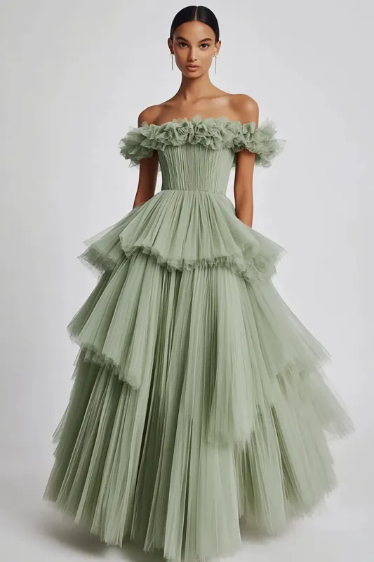 Dusty Sage Off The Shoulder A Line Ruffles Prom Dress sold by Zapaka