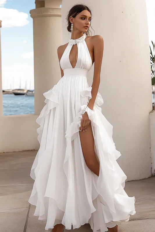 White A-Line Halter Ruffle Long Formal Dress with High Slit sold by Zapaka