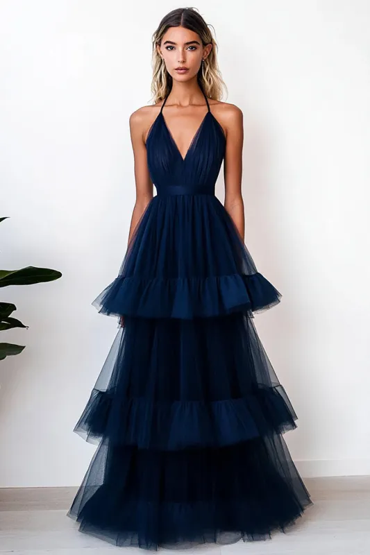 Navy A Line Tiered Tulle Long Formal Dress sold by Zapaka