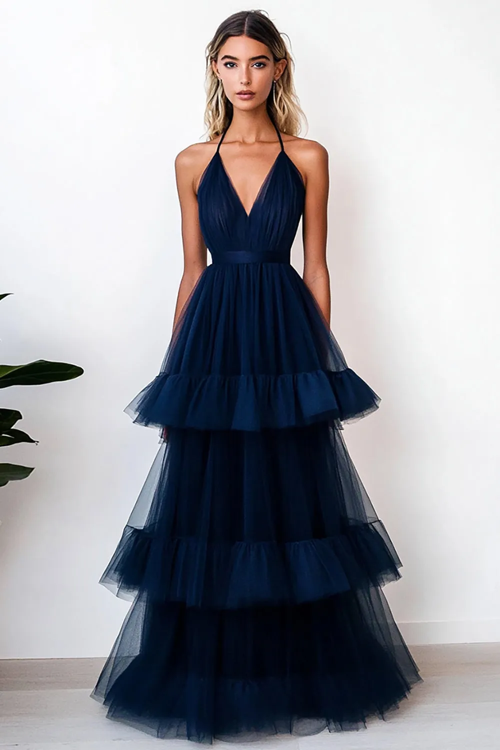 Navy A Line Tiered Tulle Long Formal Dress sold by Zapaka