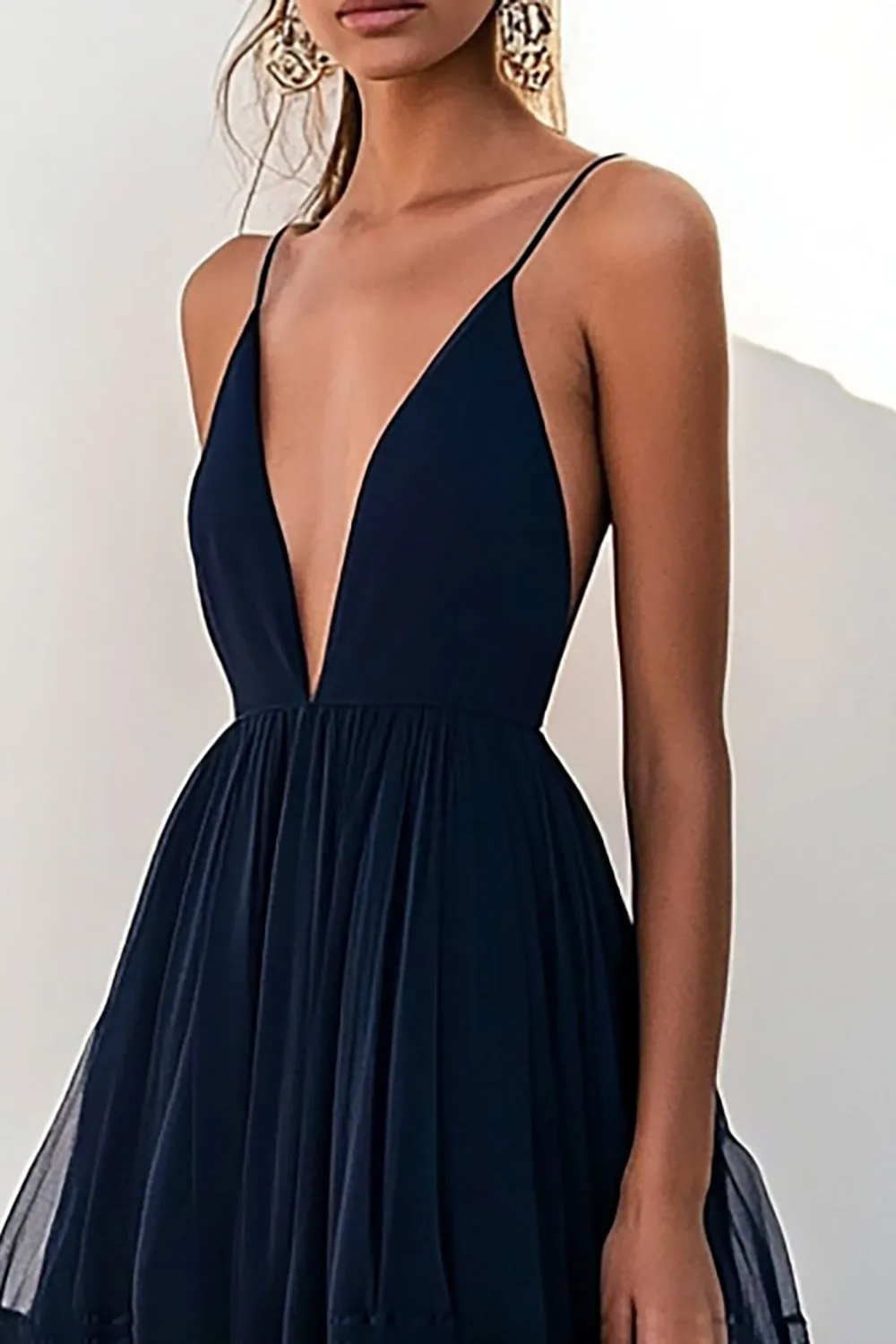 Navy V Neck Tiered Long Formal Dress sold by Zapaka