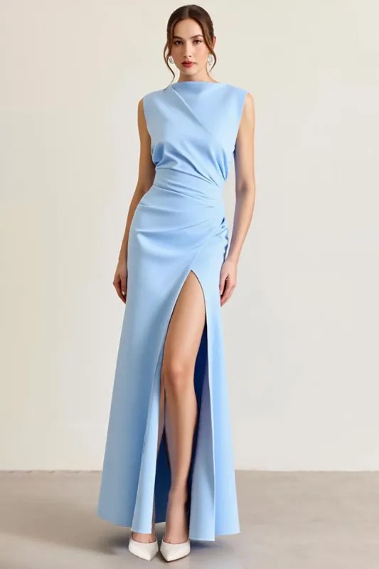 Sky Blue Ruched Sheath Formal Dress with Slit sold by Zapaka