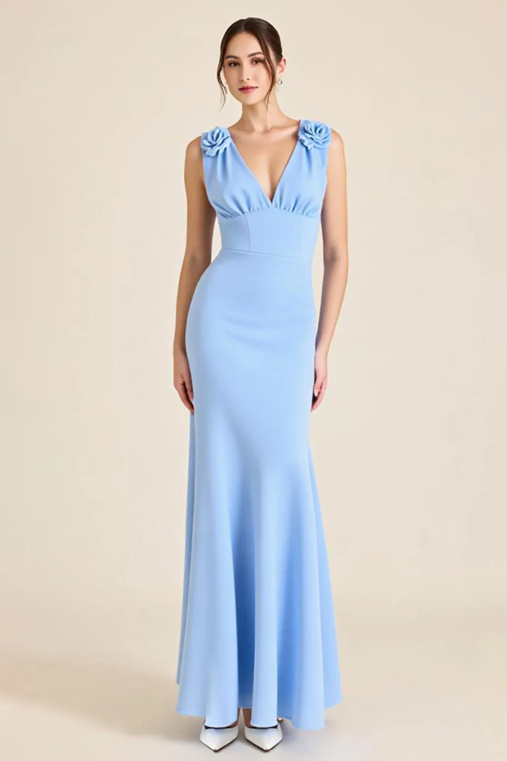 Sky Blue Mermaid V Neck Long Formal Dress with Flowers sold by Zapaka