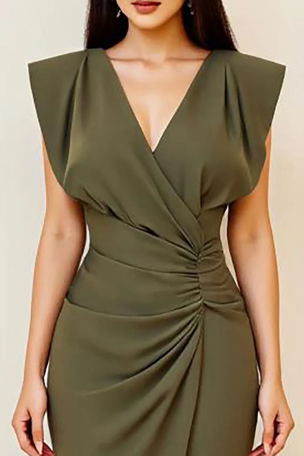 Olive Ruched Bodycon V Neck Midi Formal Dress sold by Zapaka product image thumbnail 3