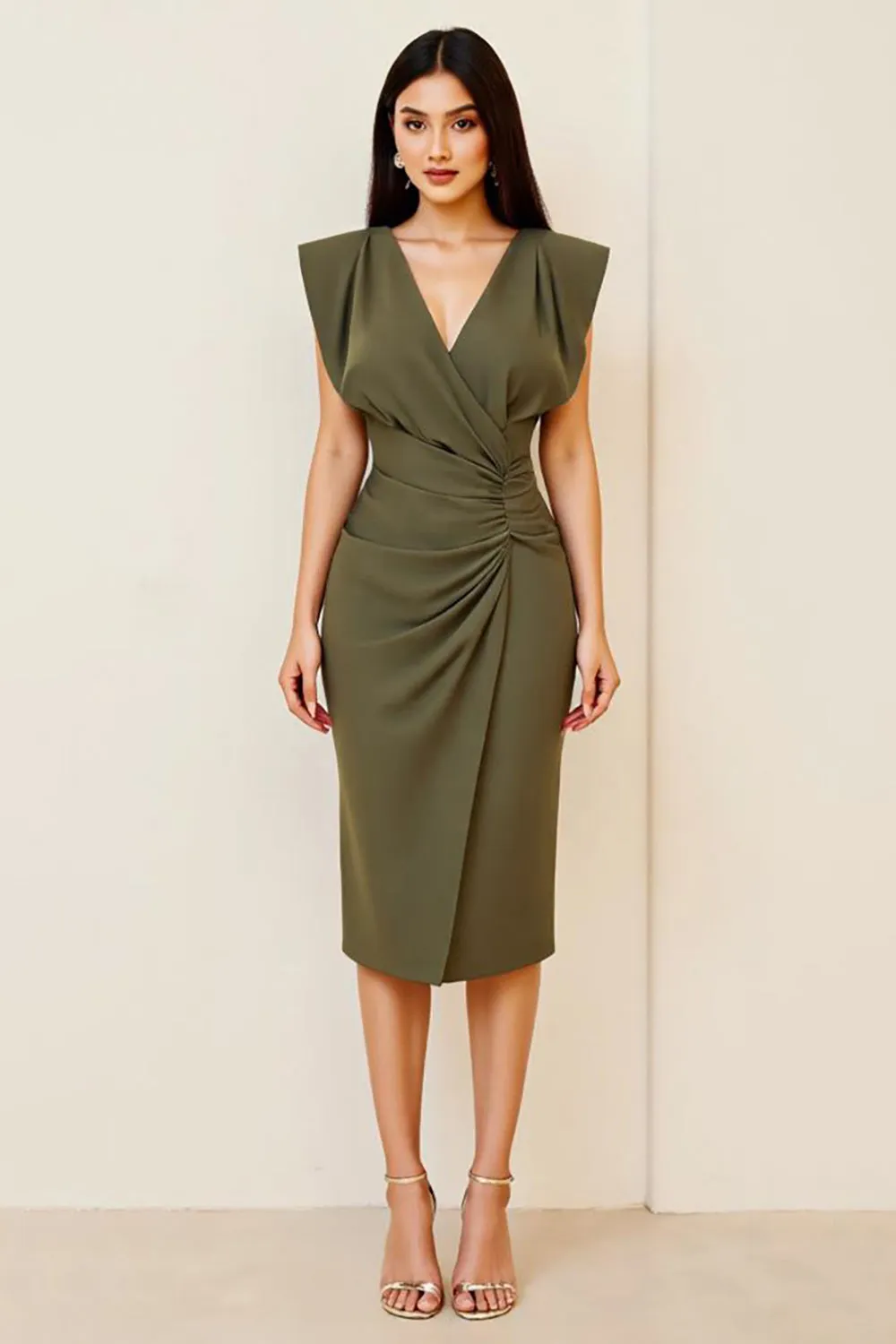 Olive Ruched Bodycon V Neck Midi Formal Dress sold by Zapaka