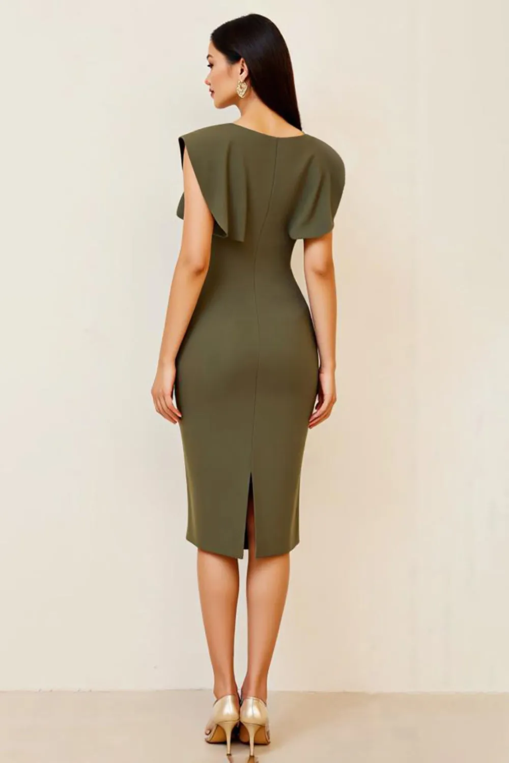 Olive Ruched Bodycon V Neck Midi Formal Dress sold by Zapaka product image thumbnail 2