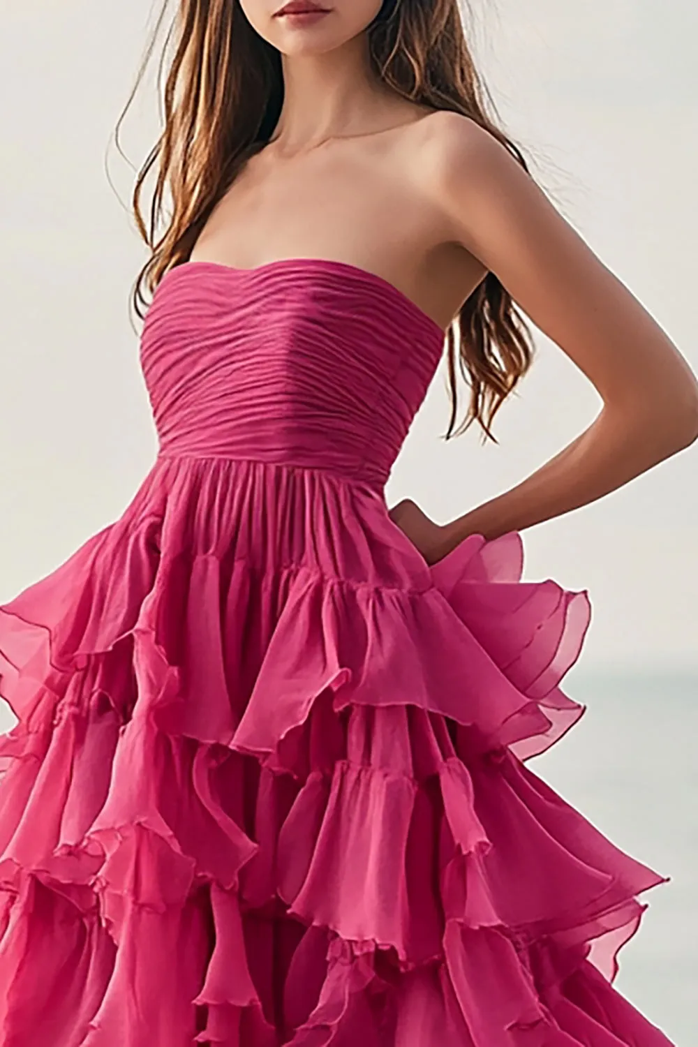 Ruffle Fuchsia A Line Strapless Prom Dress sold by Zapaka product image thumbnail 2