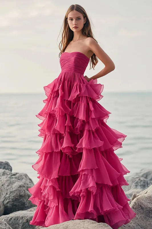 Ruffle Fuchsia A Line Strapless Prom Dress sold by Zapaka
