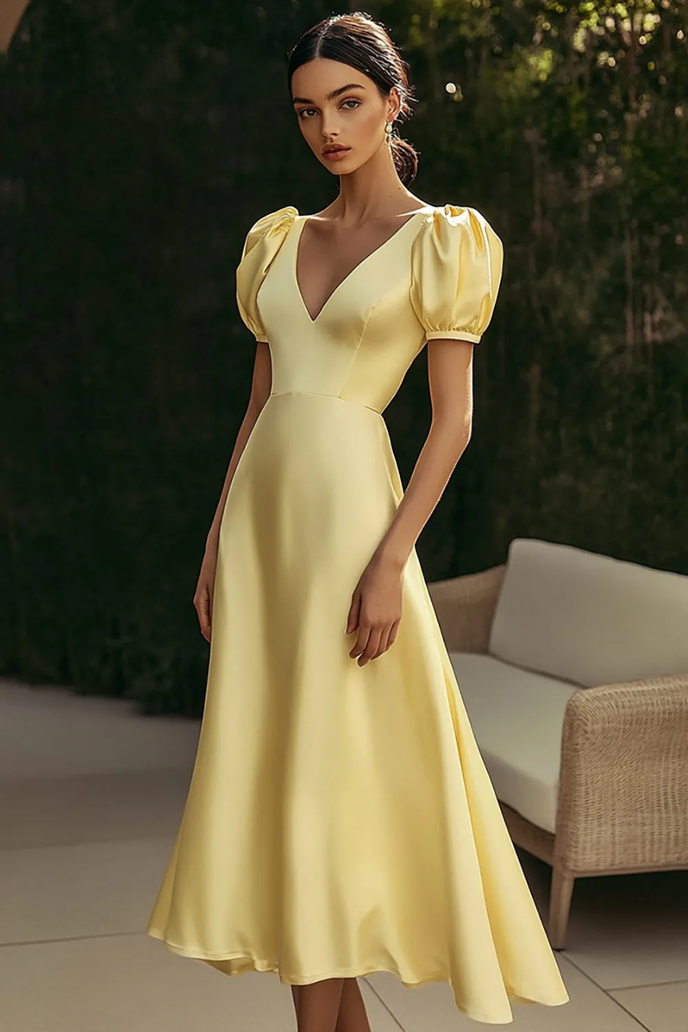 Yellow Satin A Line V-Neck Formal Dress with Puff Sleeves sold by Zapaka