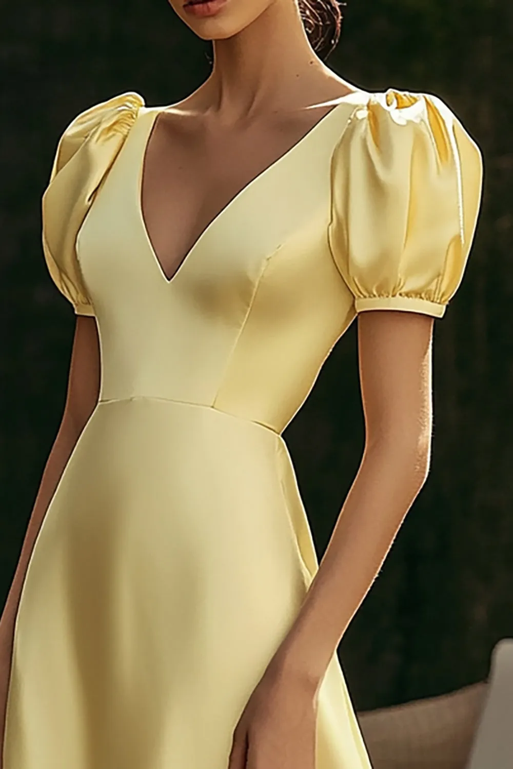 Yellow Satin A Line V-Neck Formal Dress with Puff Sleeves sold by Zapaka product image thumbnail 2
