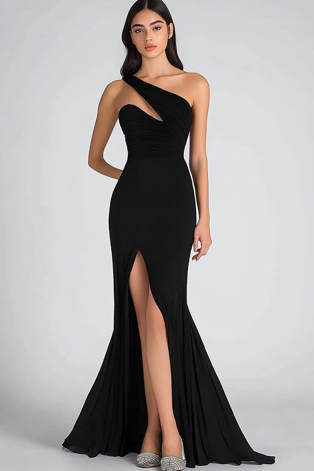 One Shoulder Black Mermaid Chiffon Formal Dress sold by Zapaka