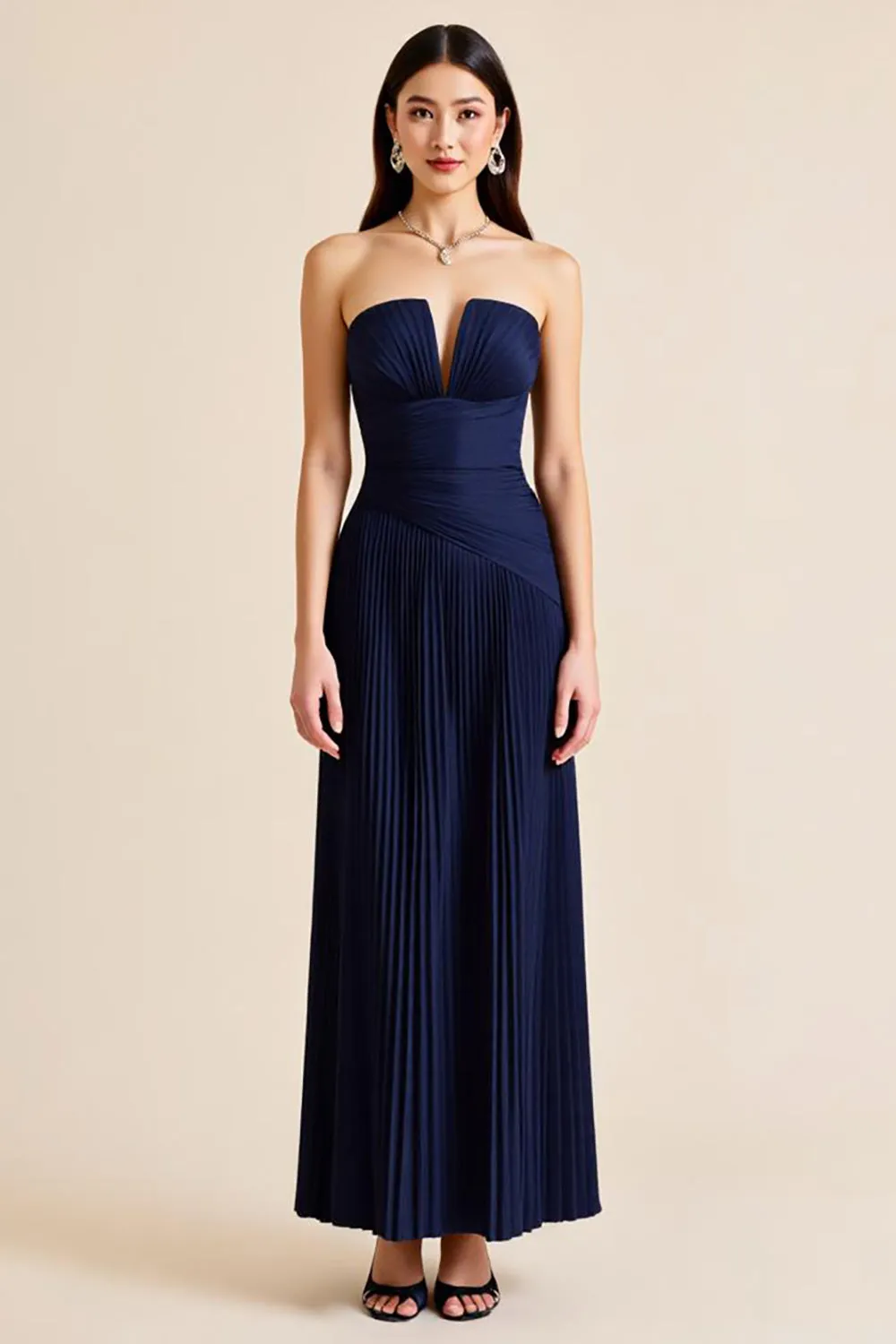 Pleated Navy Strapless Satin Pleated Long Formal Dress sold by Zapaka
