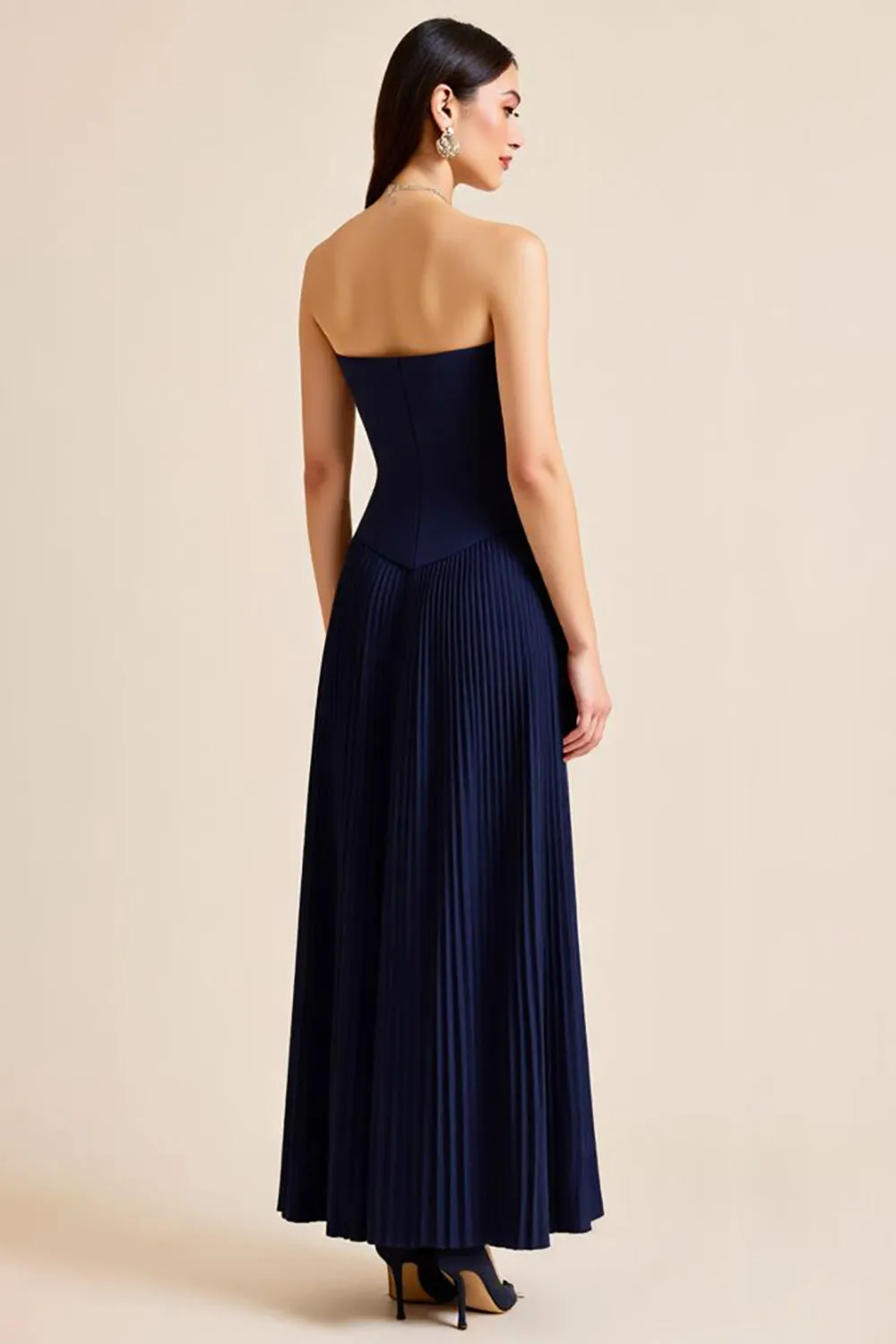 Pleated Navy Strapless Satin Pleated Long Formal Dress sold by Zapaka product image thumbnail 2