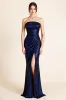 Sparkly Navy Strapless Ruched Mermaid Long Formal Dress with Slit sold by Zapaka