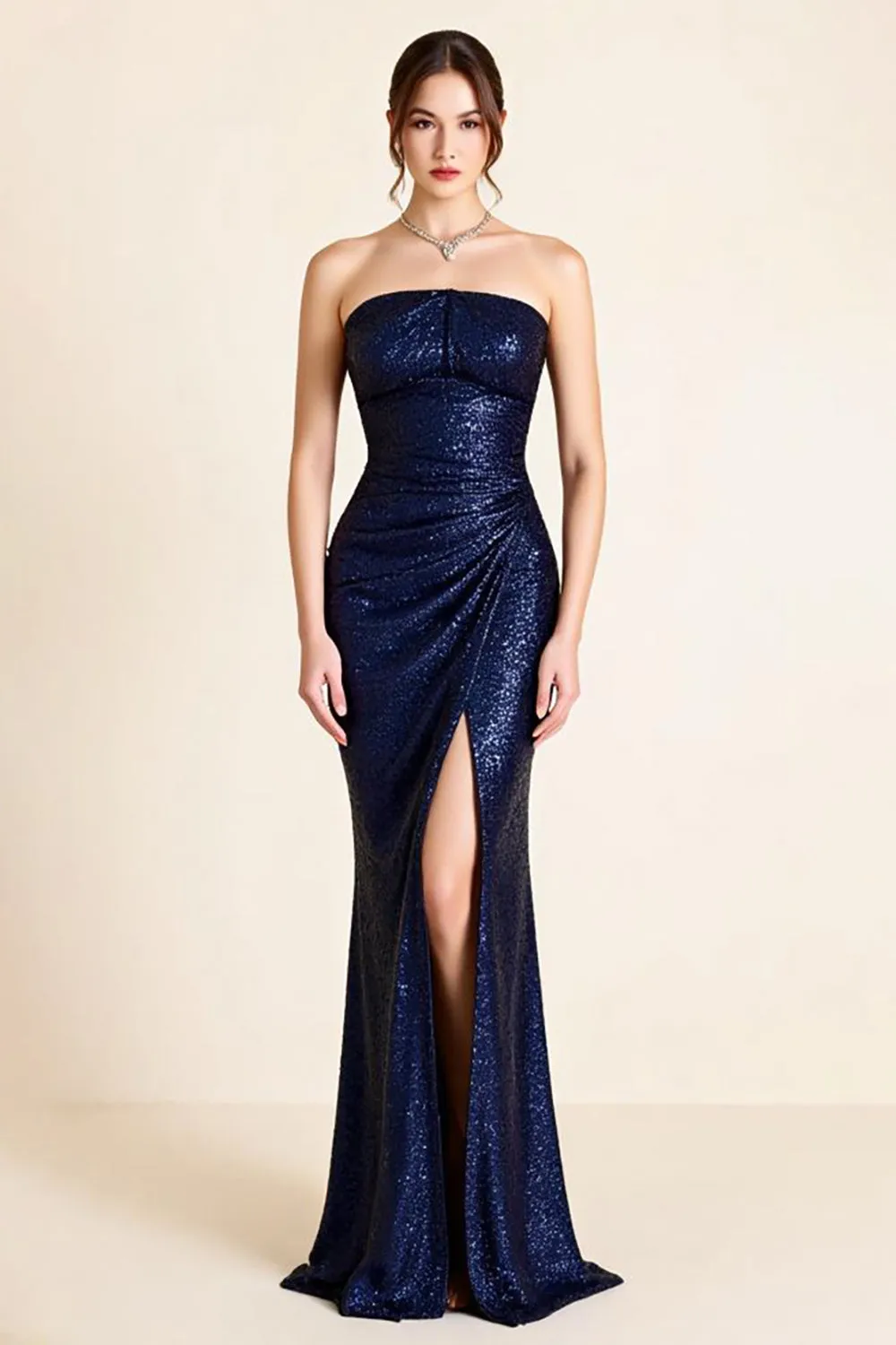 Sparkly Navy Strapless Ruched Mermaid Long Formal Dress with Slit sold by Zapaka