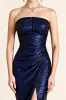 Sparkly Navy Strapless Ruched Mermaid Long Formal Dress with Slit sold by Zapaka