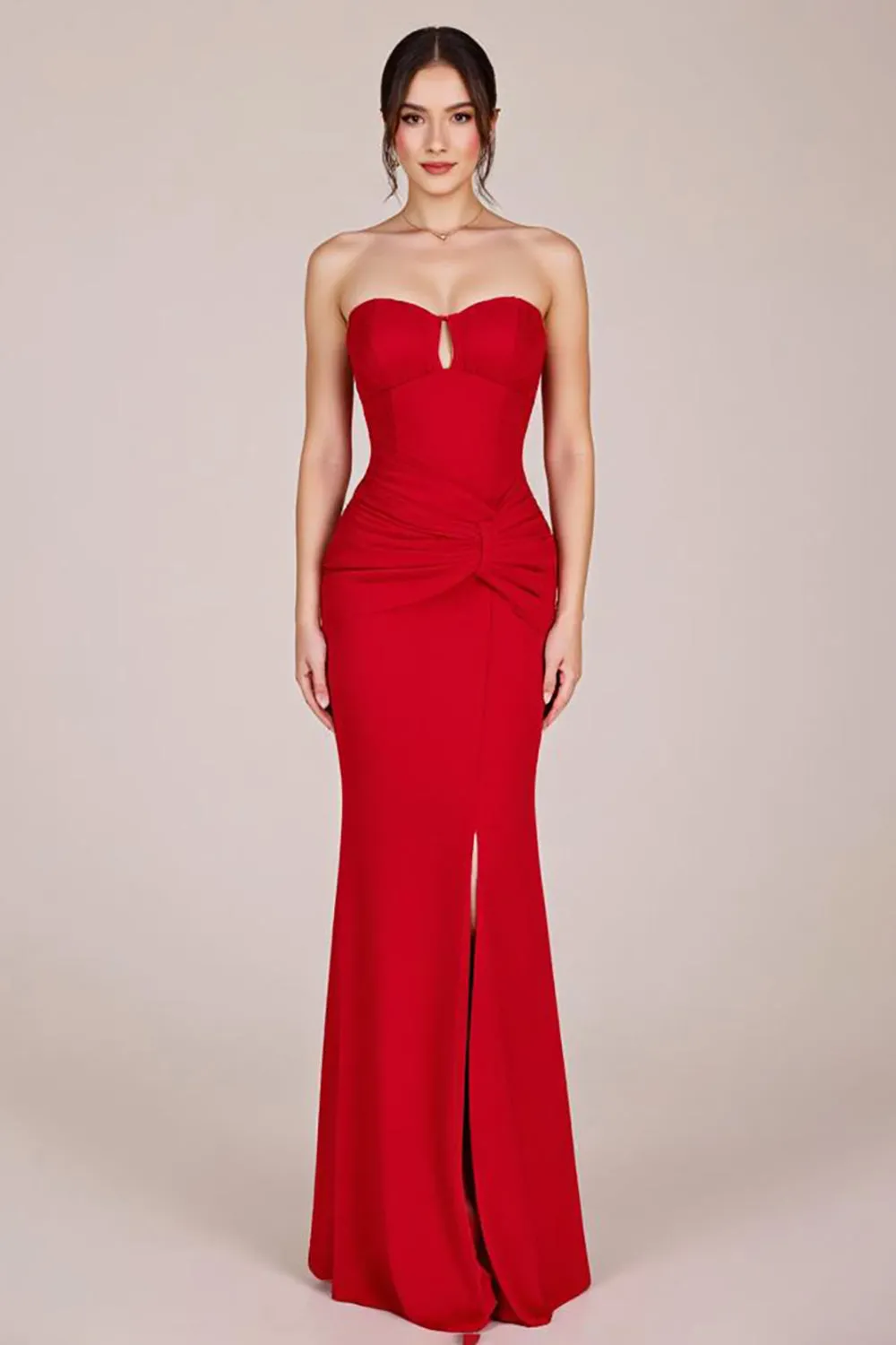 Red Strapless Ruched Mermaid Long Formal Dress with Slit sold by Zapaka