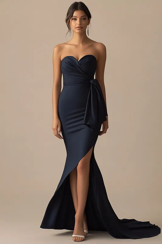 Navy Strapless Ruched Bow Mermaid Formal Dress with Slit sold by Zapaka