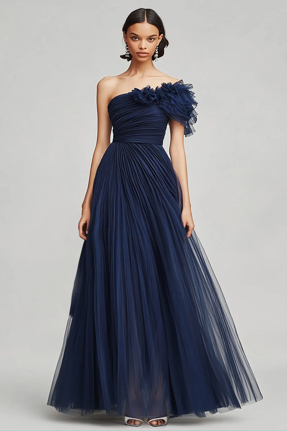 Navy One Shoulder Ruffles Tulle Formal Dress sold by Zapaka