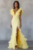 Yellow V-Neck Mermaid Ruffles Formal Dress with Slit sold by Zapaka