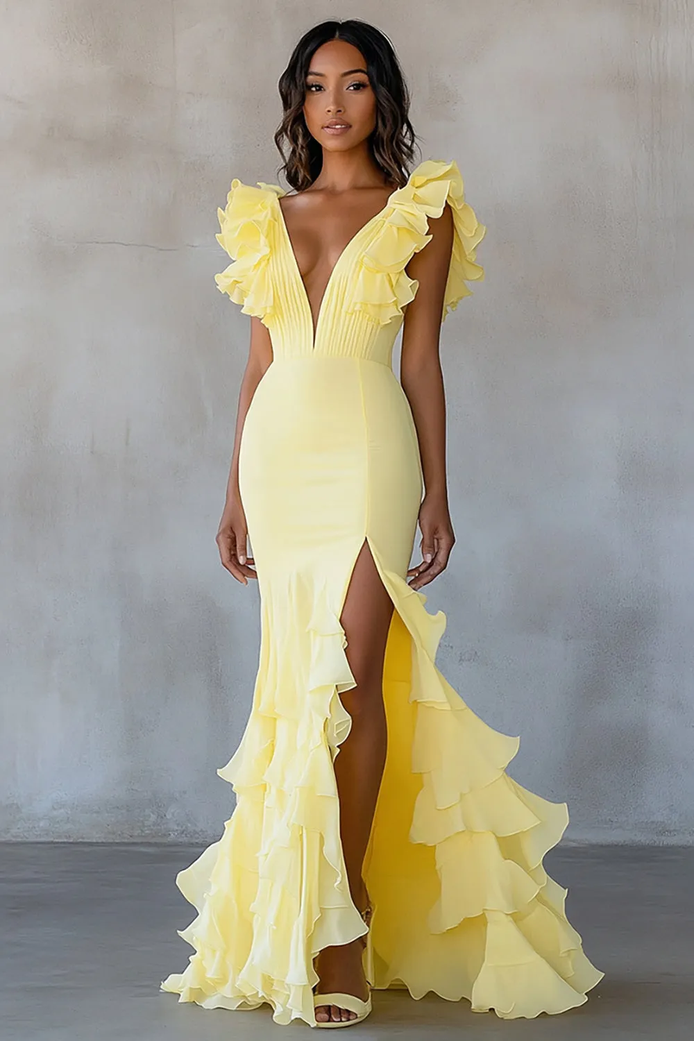 Yellow V-Neck Mermaid Ruffles Formal Dress with Slit sold by Zapaka