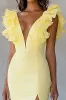 Yellow V-Neck Mermaid Ruffles Formal Dress with Slit sold by Zapaka