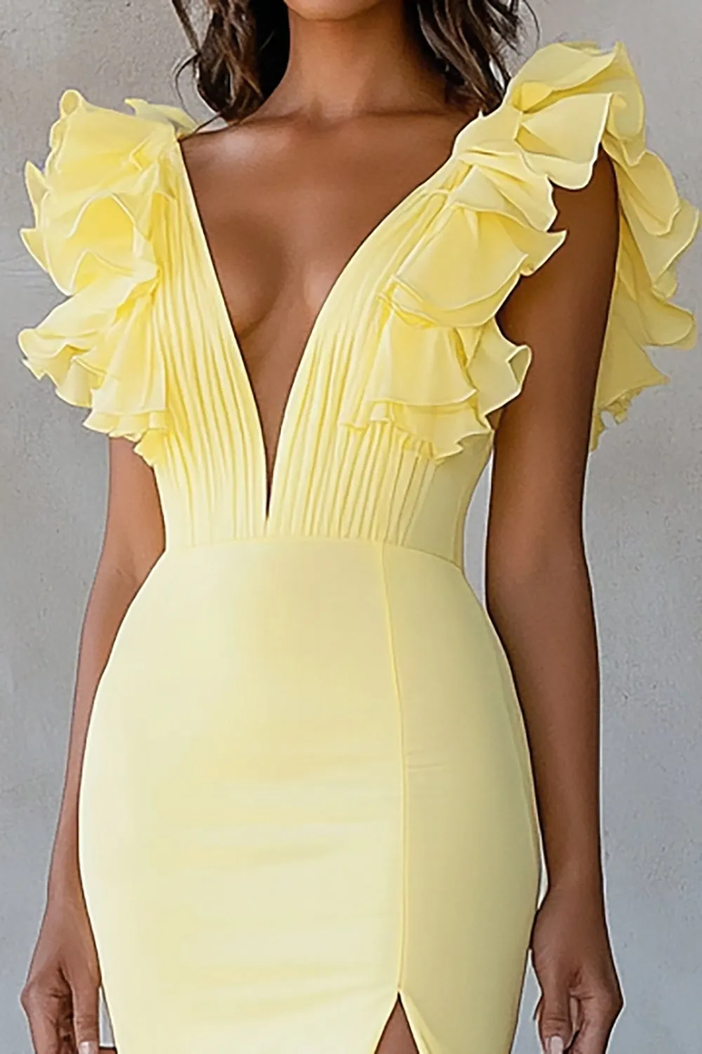 Yellow V-Neck Mermaid Ruffles Formal Dress with Slit sold by Zapaka product image thumbnail 2