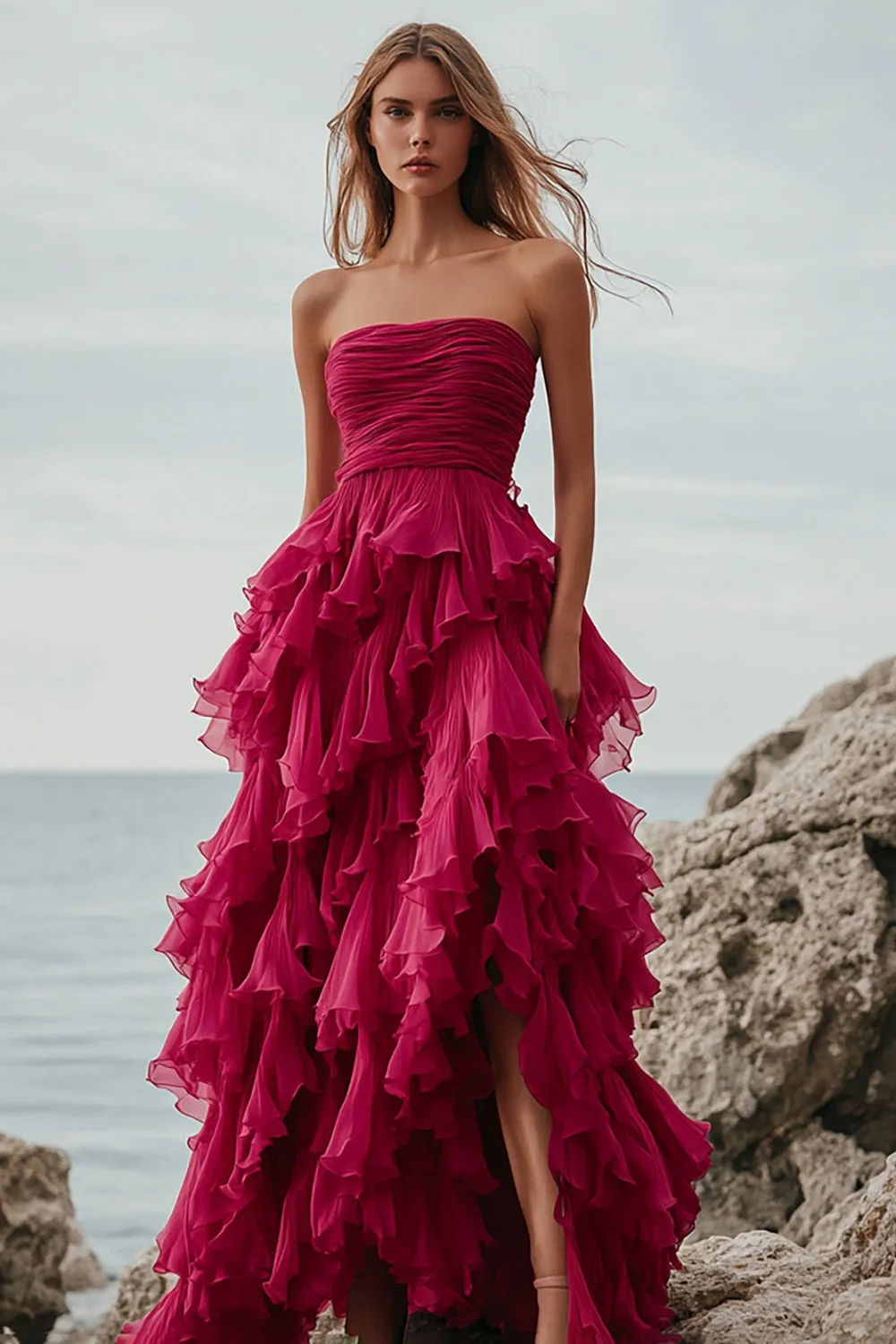 Fuchsia Ruffle A Line Strapless Long Formal Dress with Slit sold by Zapaka