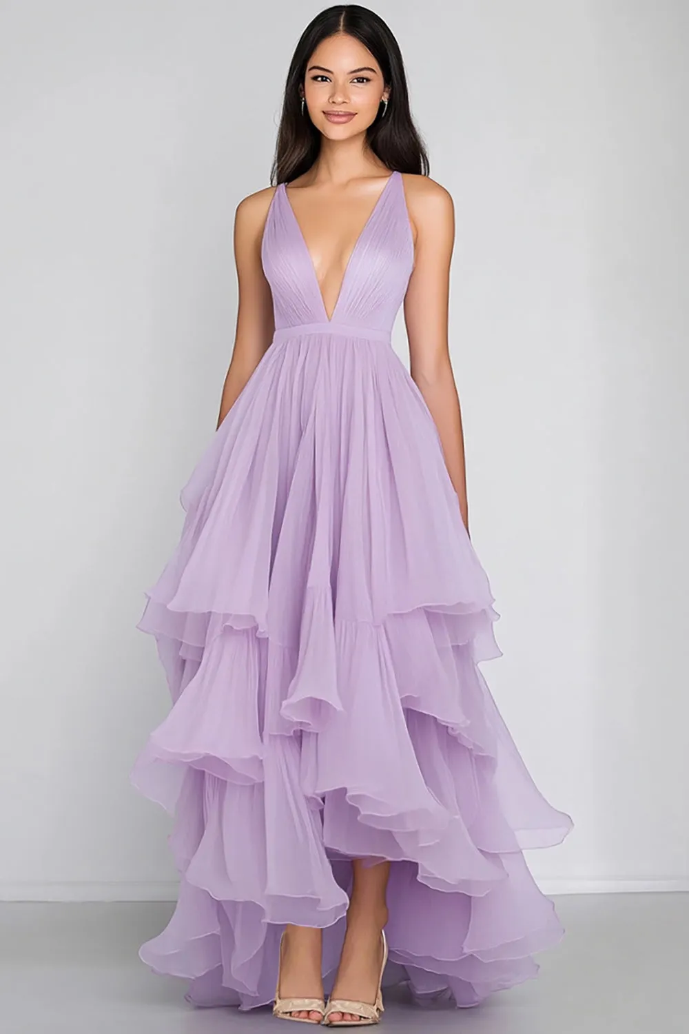 Lilac A Line V-Neck Tiered Ruffles Formal Dress sold by Zapaka