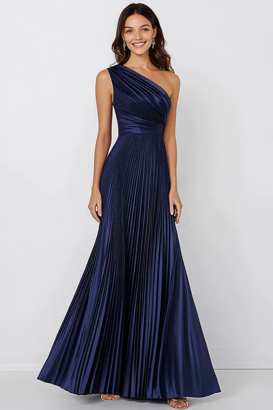 One Shoulder Navy Satin Mermaid Formal Dress sold by Zapaka