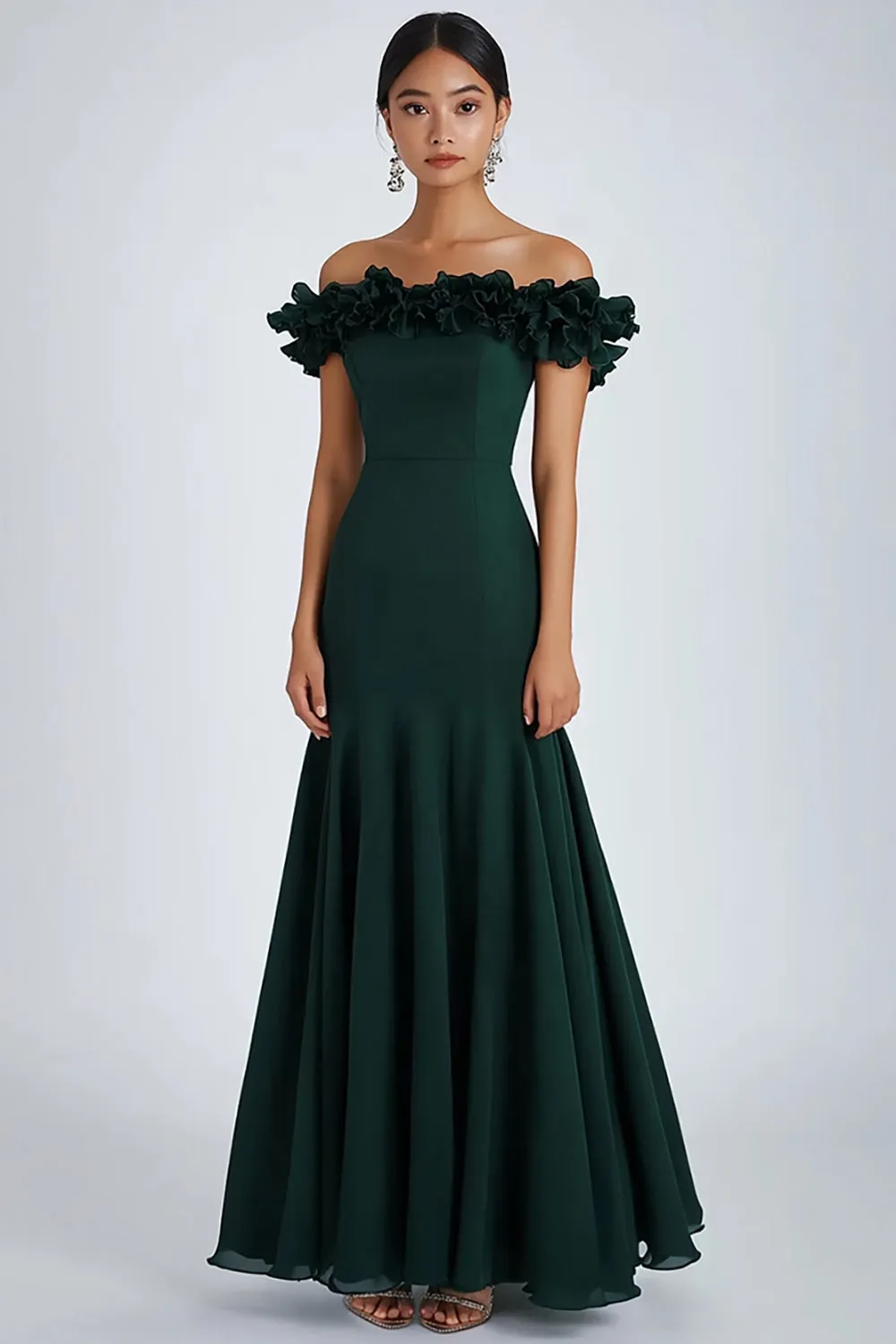 Dark Green Off The Shoulder Ruffles Ruched Formal Dress sold by Zapaka