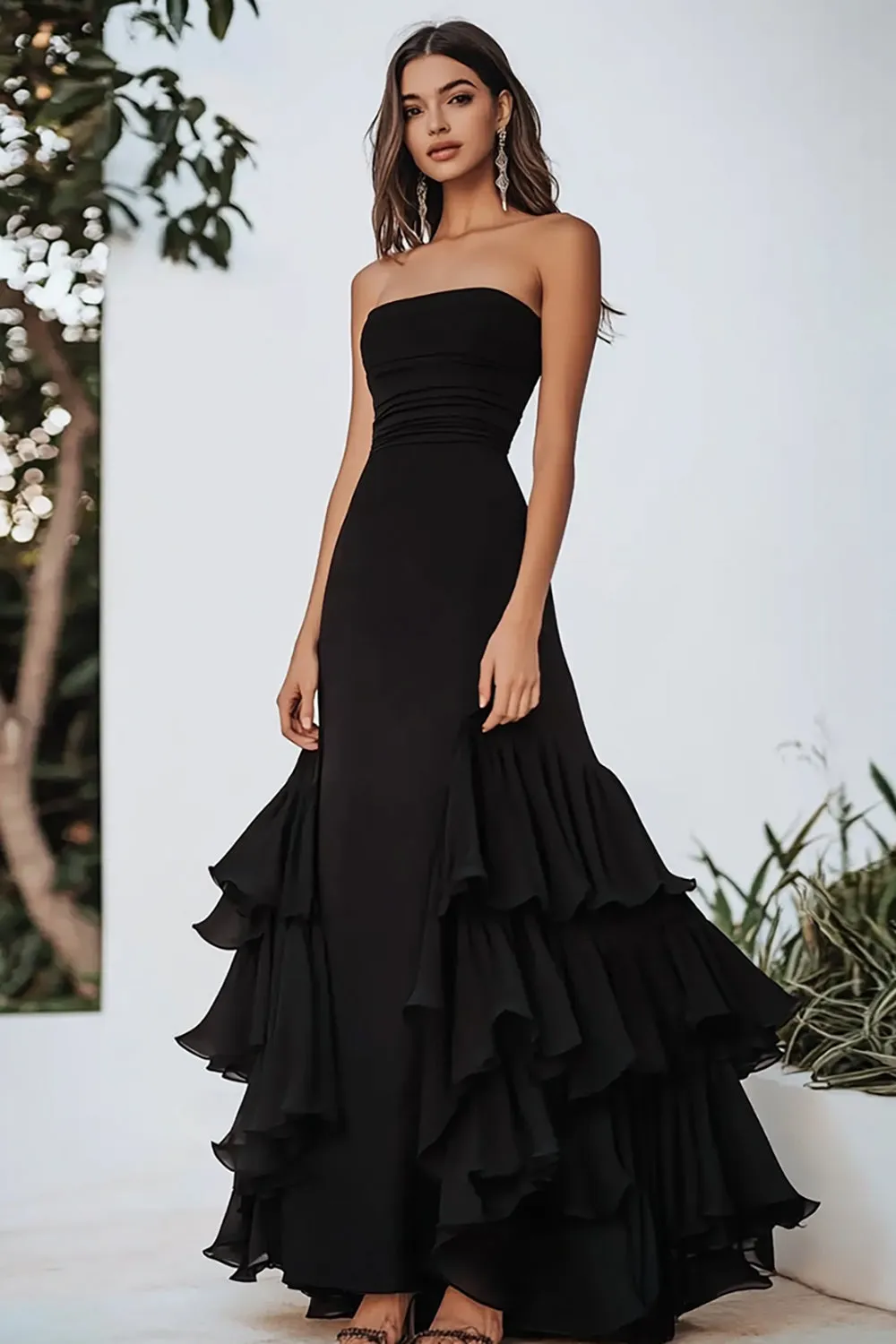 A Line Black Ruffled Chiffon Long Formal Dress sold by Zapaka