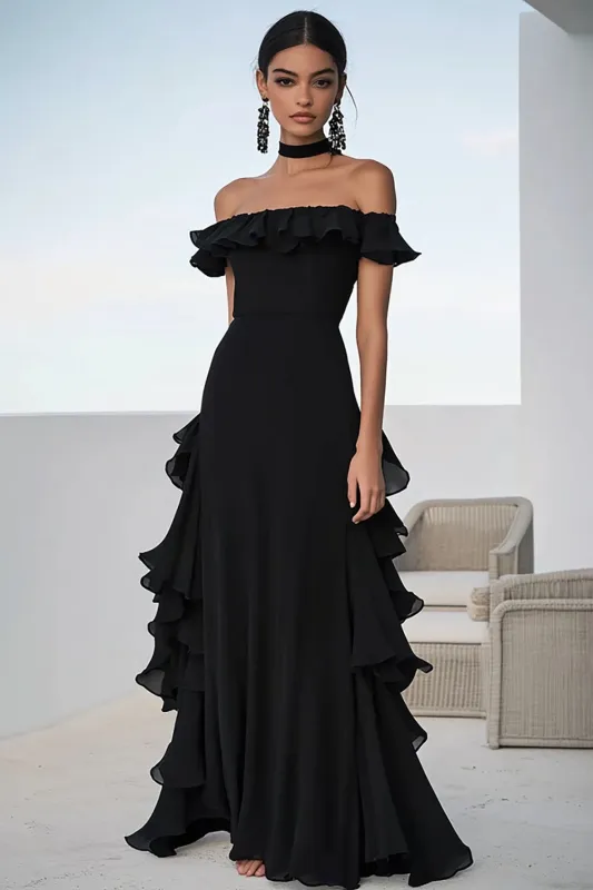 Black A Line Chiffon Ruffled Long Formal Dress sold by Zapaka