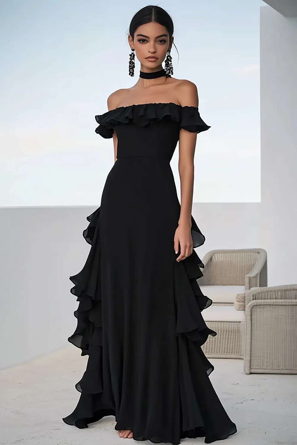 Black A Line Chiffon Ruffled Long Formal Dress sold by Zapaka