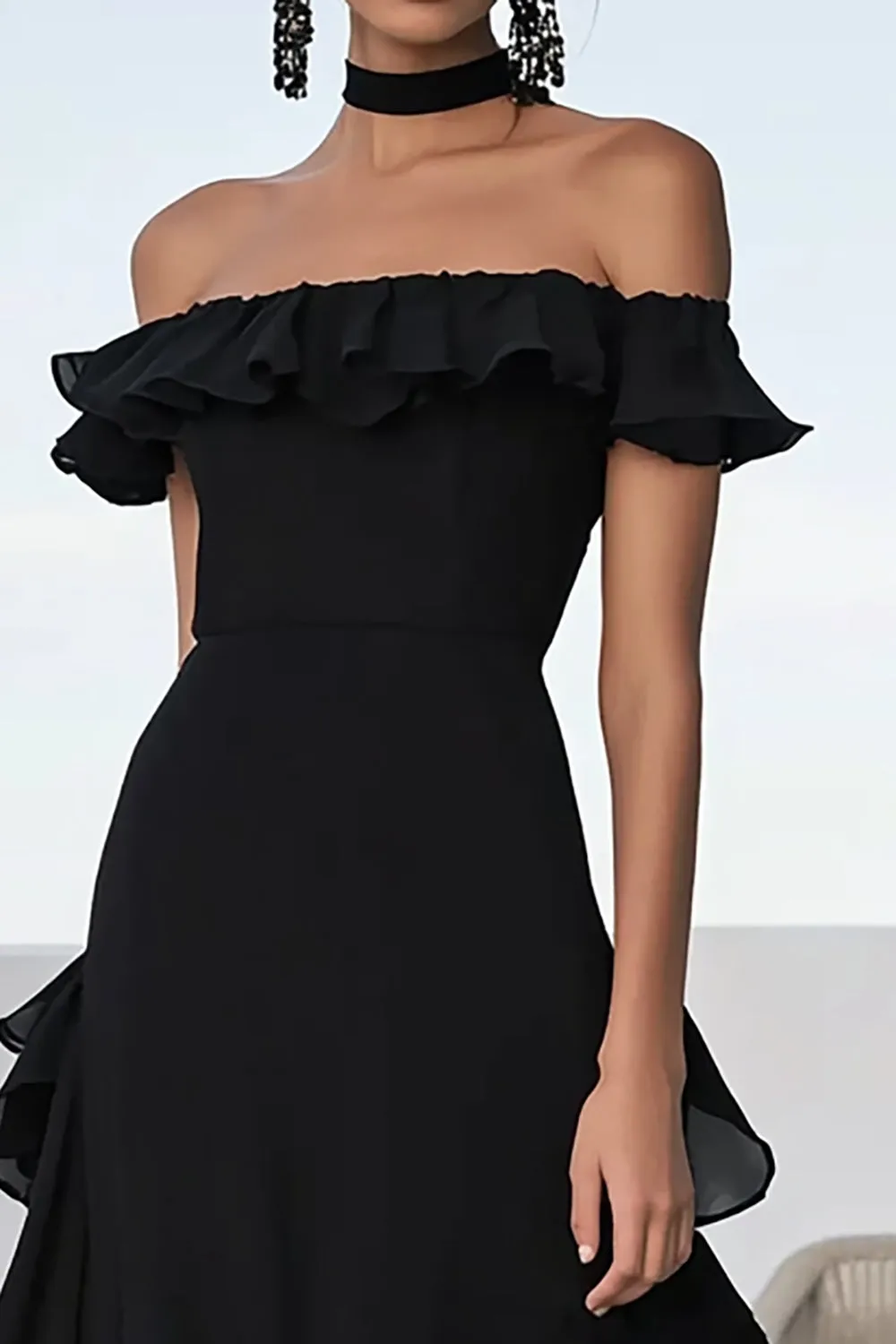 Black A Line Chiffon Ruffled Long Formal Dress sold by Zapaka product image thumbnail 2