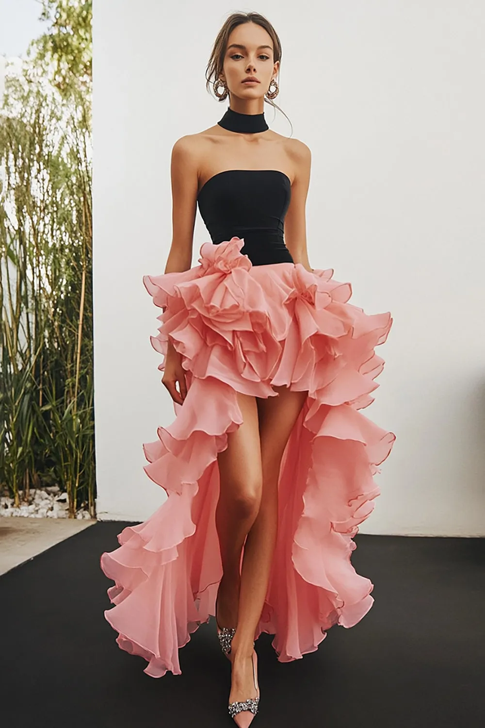 Black Pink Strapless High-Low Long Formal Dress with Ruffles sold by Zapaka