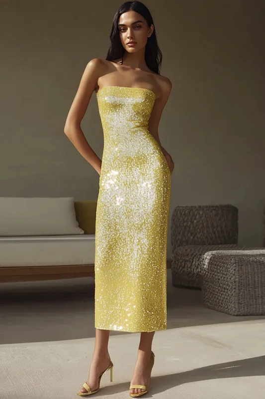 Sparkly Yellow Strapless Sheath Sequin Long Formal Dress sold by Zapaka