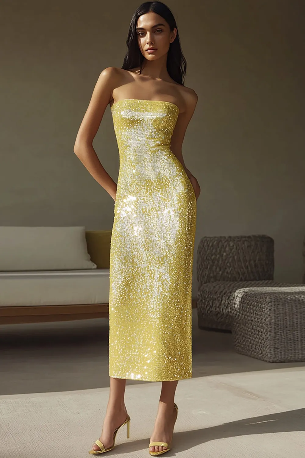 Sparkly Yellow Strapless Sheath Sequin Long Formal Dress sold by Zapaka