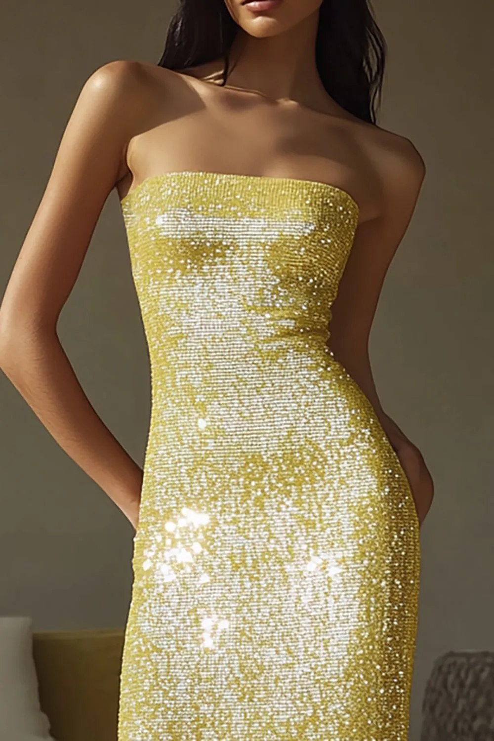 Sparkly Yellow Strapless Sheath Sequin Long Formal Dress sold by Zapaka product image thumbnail 2
